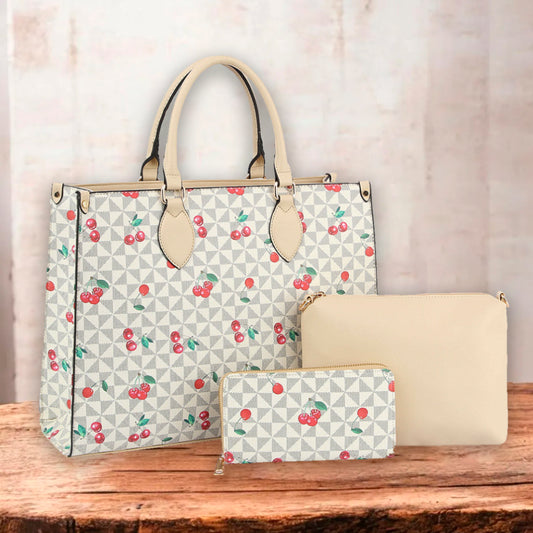 3IN1 CHERRY MONOGRAM SATCHEL WITH CROSSBODY AND WALLET SET